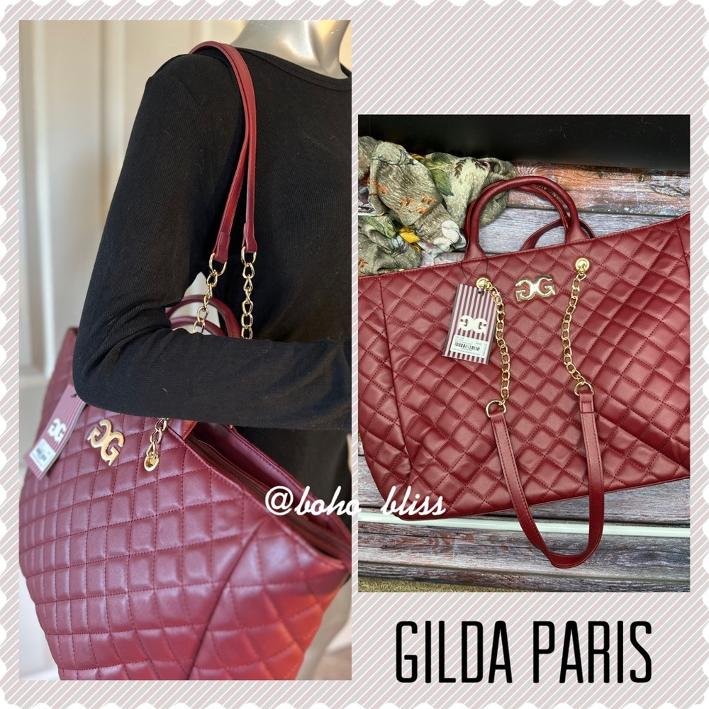 GILDA PARIS | Quilted Tote Large Tote Bag Wine Red with Gold Hardware NWT
